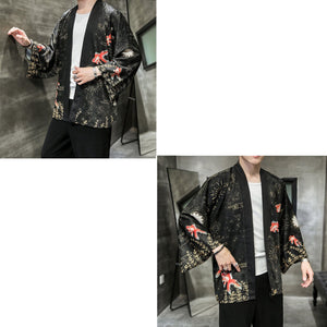 Golden Koi and Japanese Crane Men Kimono-Enchanted peach