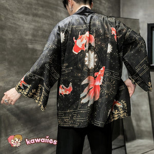 Golden Koi and Japanese Crane Men Kimono-Enchanted peach