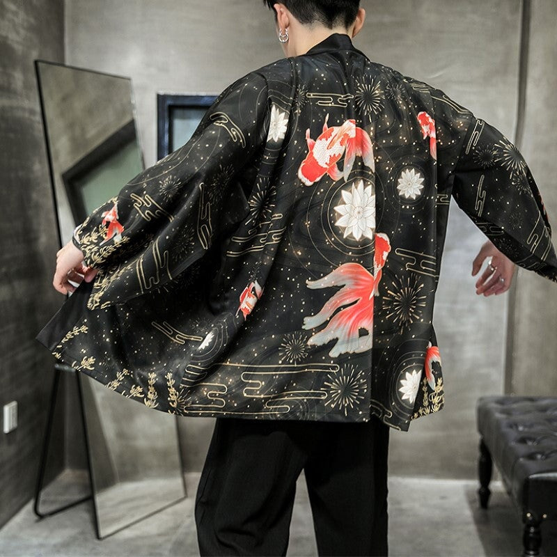 Golden Koi and Japanese Crane Men Kimono-Enchanted peach