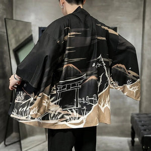 Golden Wild Autumn and Misty Torii Men Kimono-Enchanted peach