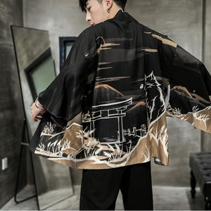 Golden Wild Autumn and Misty Torii Men Kimono-Enchanted peach