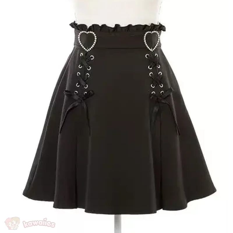 Gothic Black Heart Bow High Waist Mini Skirt-Enchanted peach