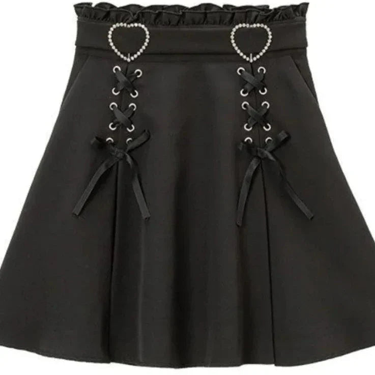 Gothic Black Heart Bow High Waist Mini Skirt-Enchanted peach