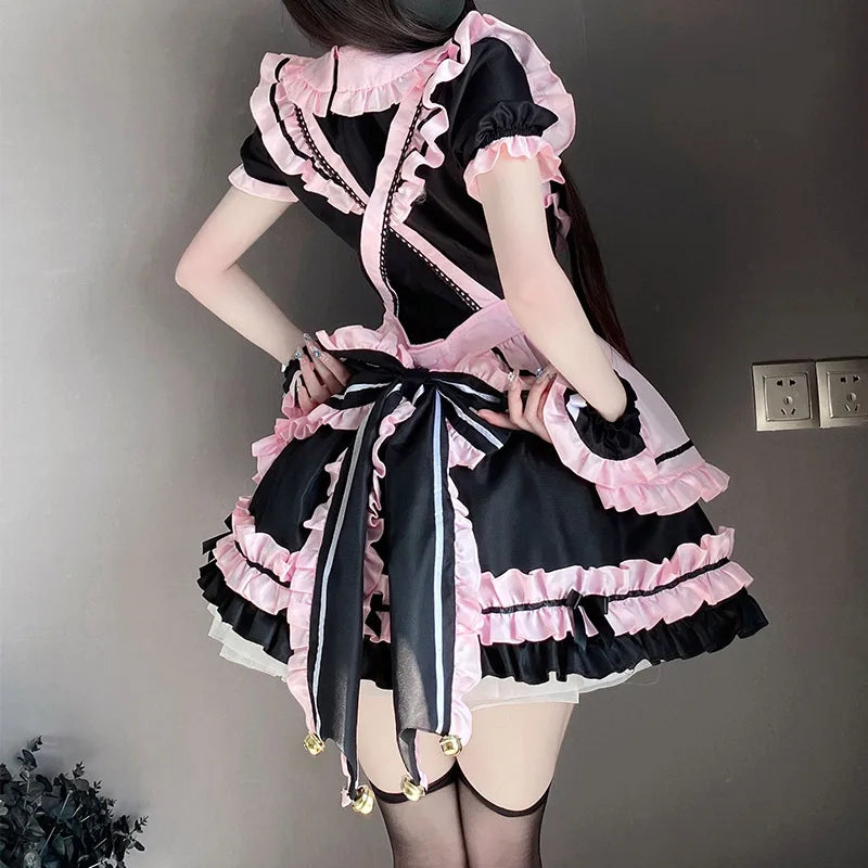 Gothic Black Pink Sweet Lolita Women's Maid Dress Bowknots-Enchanted peach