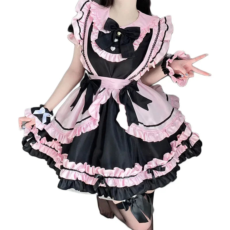 Gothic Black Pink Sweet Lolita Women's Maid Dress Bowknots-Enchanted peach