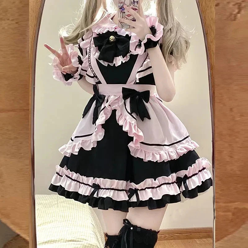 Gothic Black Pink Sweet Lolita Women's Maid Dress Bowknots-Enchanted peach