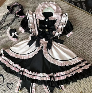 Gothic Black Pink Sweet Lolita Women's Maid Dress Bowknots-Enchanted peach