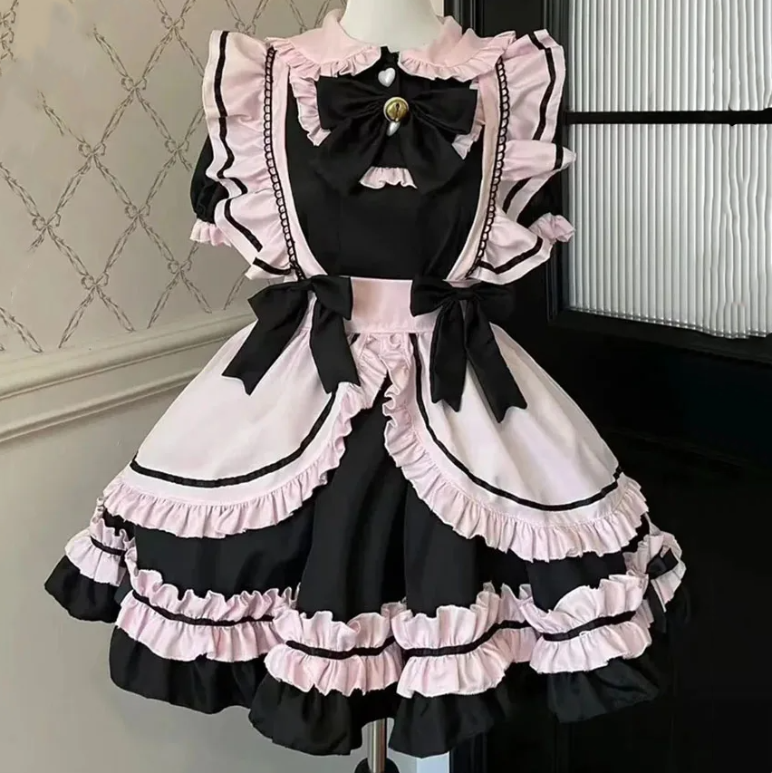 Gothic Black Pink Sweet Lolita Women's Maid Dress Bowknots-Enchanted peach