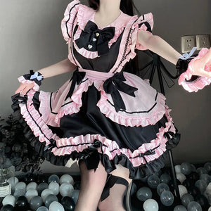 Gothic Black Pink Sweet Lolita Women's Maid Dress Bowknots-Enchanted peach