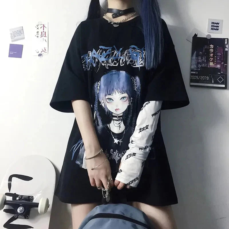 Gothic Blue Hair Emo Anime Girl Women's Tee-Enchanted peach