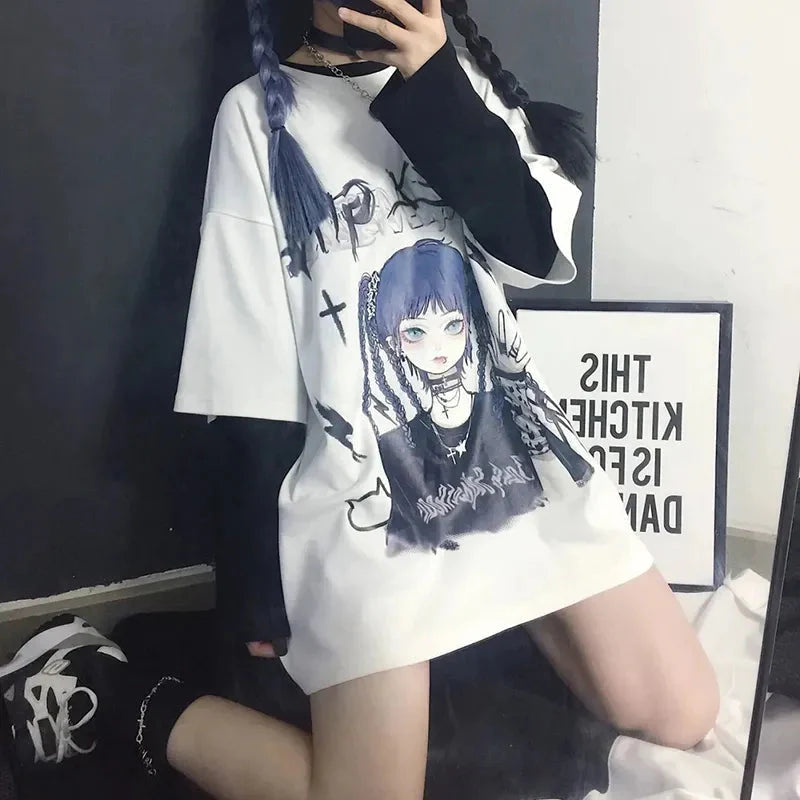 Gothic Blue Hair Emo Anime Girl Women's Tee-Enchanted peach