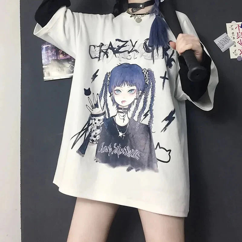 Gothic Blue Hair Emo Anime Girl Women's Tee-Enchanted peach