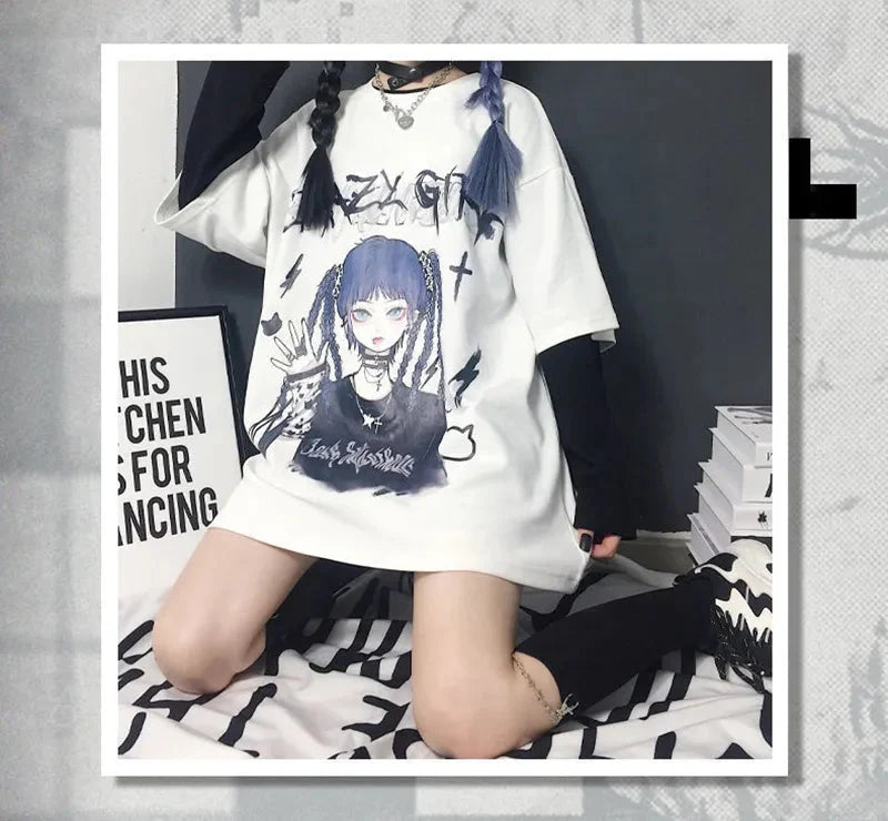 Gothic Blue Hair Emo Anime Girl Women's Tee-Enchanted peach