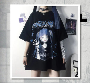 Gothic Blue Hair Emo Anime Girl Women's Tee-Enchanted peach