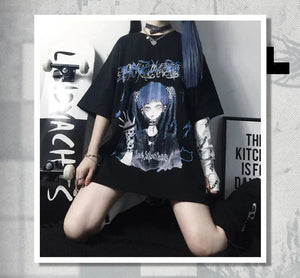 Gothic Blue Hair Emo Anime Girl Women's Tee-Enchanted peach