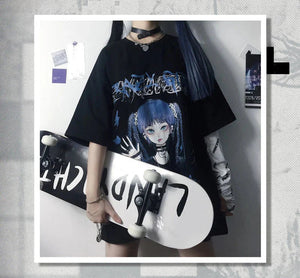 Gothic Blue Hair Emo Anime Girl Women's Tee-Enchanted peach