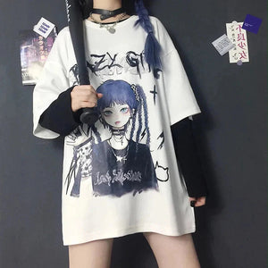 Gothic Blue Hair Emo Anime Girl Women's Tee-Enchanted peach