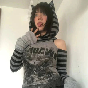 Gothic Gray Striped Cat Hooded Women's Top-Enchanted peach