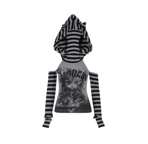 Gothic Gray Striped Cat Hooded Women's Top-Enchanted peach