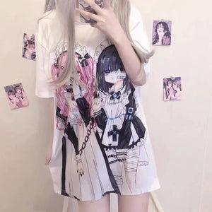 Gothic Harajuku Two Girls Long White Women's Tee-Enchanted peach