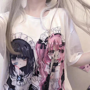 Gothic Harajuku Two Girls Long White Women's Tee-Enchanted peach