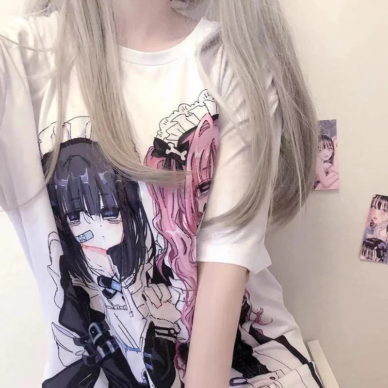 Gothic Harajuku Two Girls Long White Women's Tee-Enchanted peach