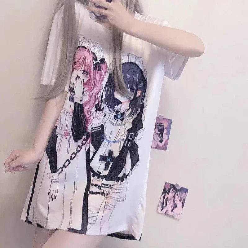 Gothic Harajuku Two Girls Long White Women's Tee-Enchanted peach