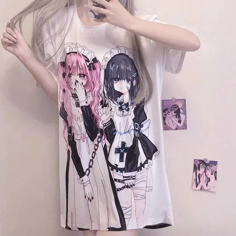 Gothic Harajuku Two Girls Long White Women's Tee-Enchanted peach