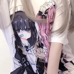 Gothic Harajuku Two Girls Long White Women's Tee-Enchanted peach