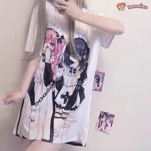 Gothic Harajuku Two Girls Long White Women's Tee-Enchanted peach