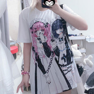 Gothic Harajuku Two Girls Long White Women's Tee-Enchanted peach