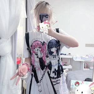 Gothic Harajuku Two Girls Long White Women's Tee-Enchanted peach