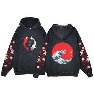 Great Wave off Kanagawa Fish Godzilla Vintage Style Unisex Hoodie-Enchanted peach