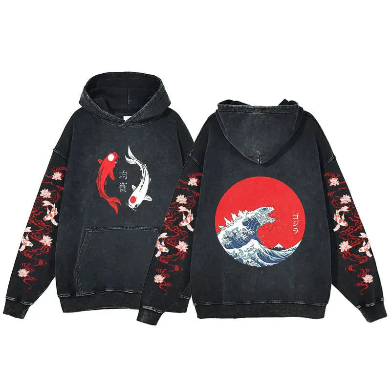 Great Wave off Kanagawa Fish Godzilla Vintage Style Unisex Hoodie-Enchanted peach