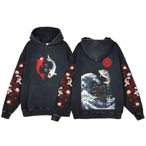 Great Wave off Kanagawa Fish Godzilla Vintage Style Unisex Hoodie-Enchanted peach