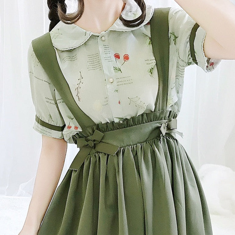 Green Japanese Lolita Cosplay Kawaii Pleated Vintage Long Skirt-Enchanted peach