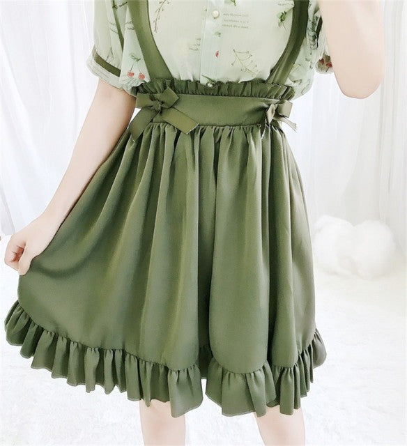 Green Japanese Lolita Cosplay Kawaii Pleated Vintage Long Skirt-Enchanted peach