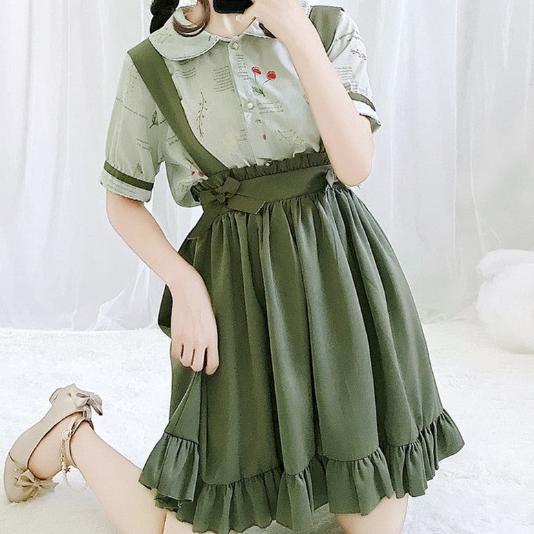 Green Japanese Lolita Cosplay Kawaii Pleated Vintage Long Skirt-Enchanted peach