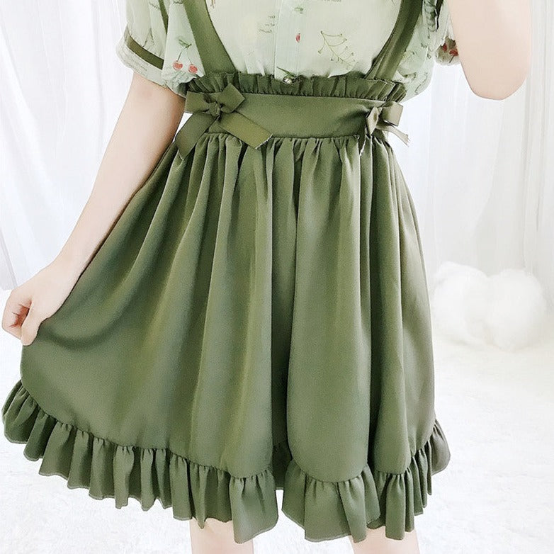 Green Japanese Lolita Cosplay Kawaii Pleated Vintage Long Skirt-Enchanted peach