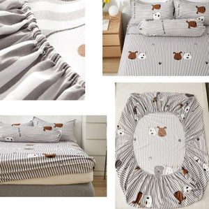 Grey Striped Dog Fitted Bedsheet-Enchanted peach