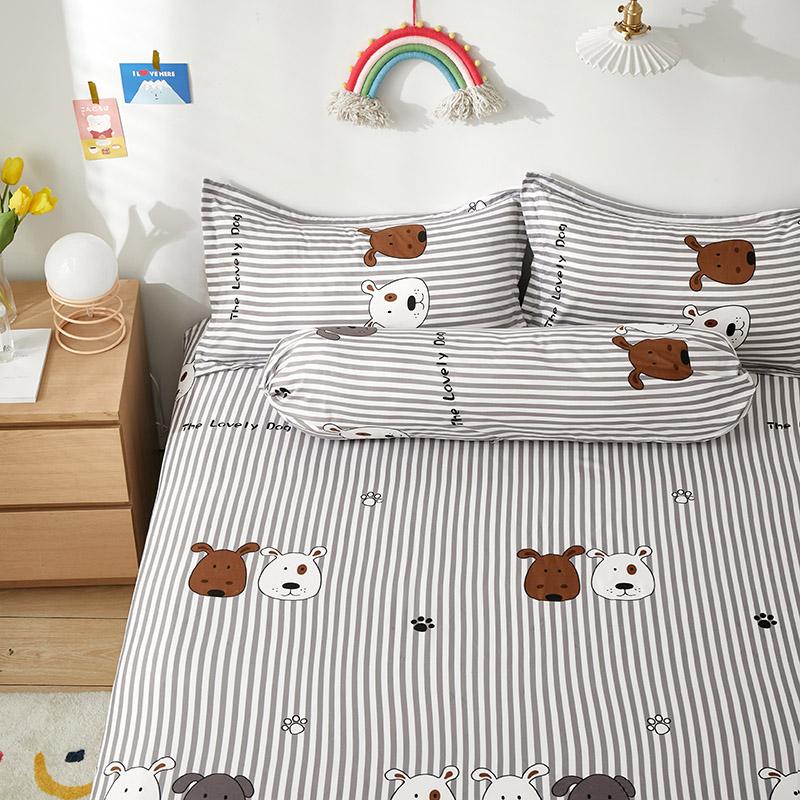 Grey Striped Dog Fitted Bedsheet-Enchanted peach