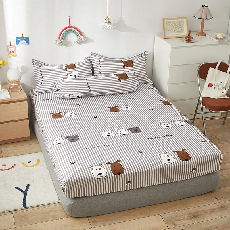 Grey Striped Dog Fitted Bedsheet-Enchanted peach