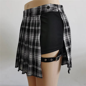 Half-Cut High Waist Black Checked Mini Skirts-Enchanted peach