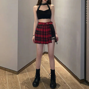 Half-Cut High Waist Black Checked Mini Skirts-Enchanted peach