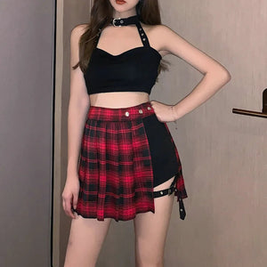 Half-Cut High Waist Black Checked Mini Skirts-Enchanted peach