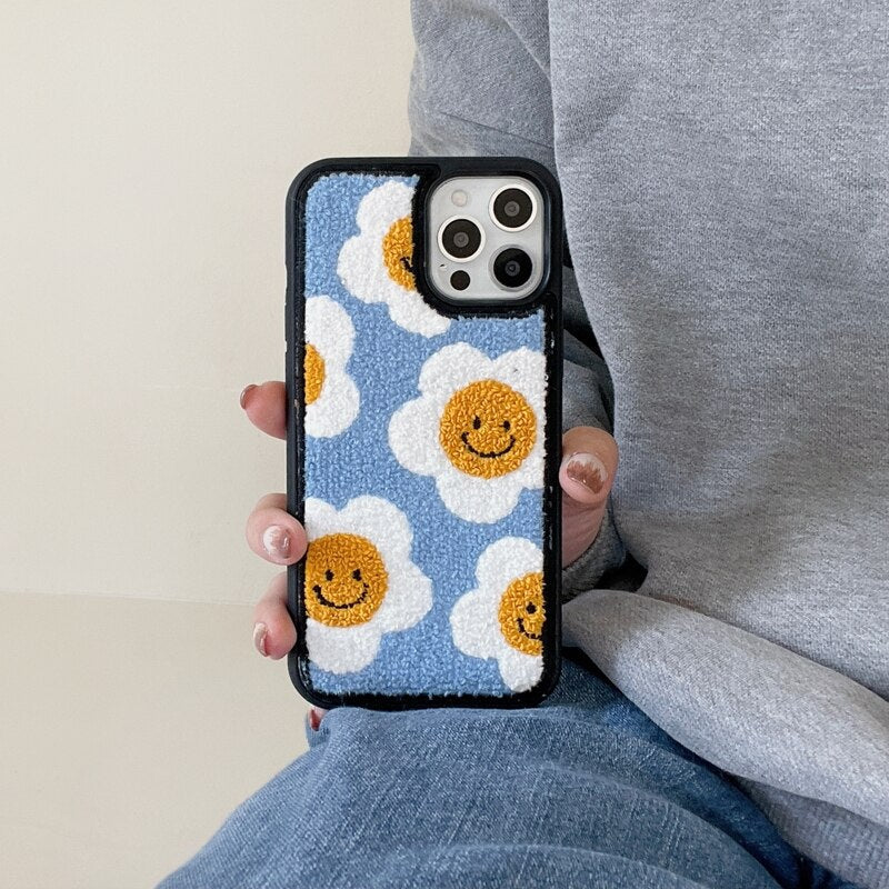 Happy Daisy Flower Plush iPhone Case-Enchanted peach