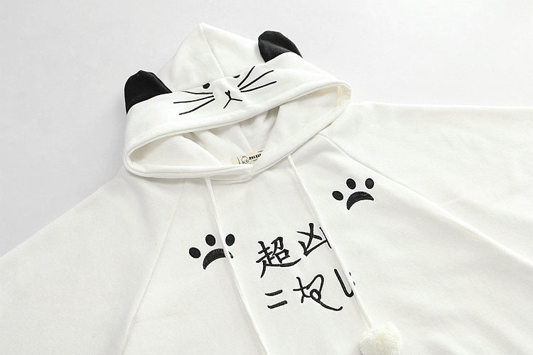 Harajuku Black Gray White Cat Hooded Cloak Coat-Enchanted peach