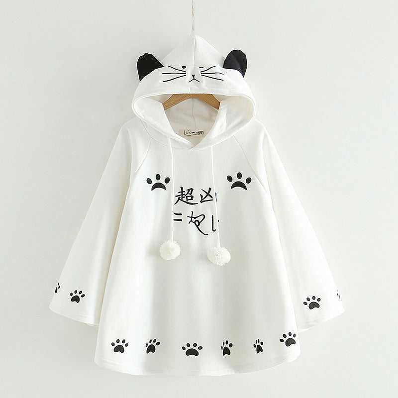 Harajuku Black Gray White Cat Hooded Cloak Coat-Enchanted peach