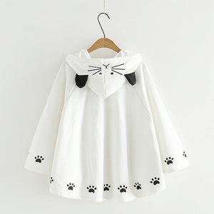 Harajuku Black Gray White Cat Hooded Cloak Coat-Enchanted peach