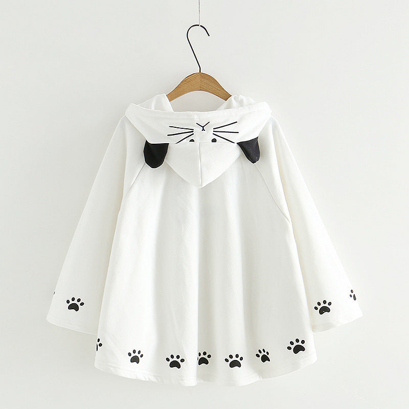 Harajuku Black Gray White Cat Hooded Cloak Coat-Enchanted peach